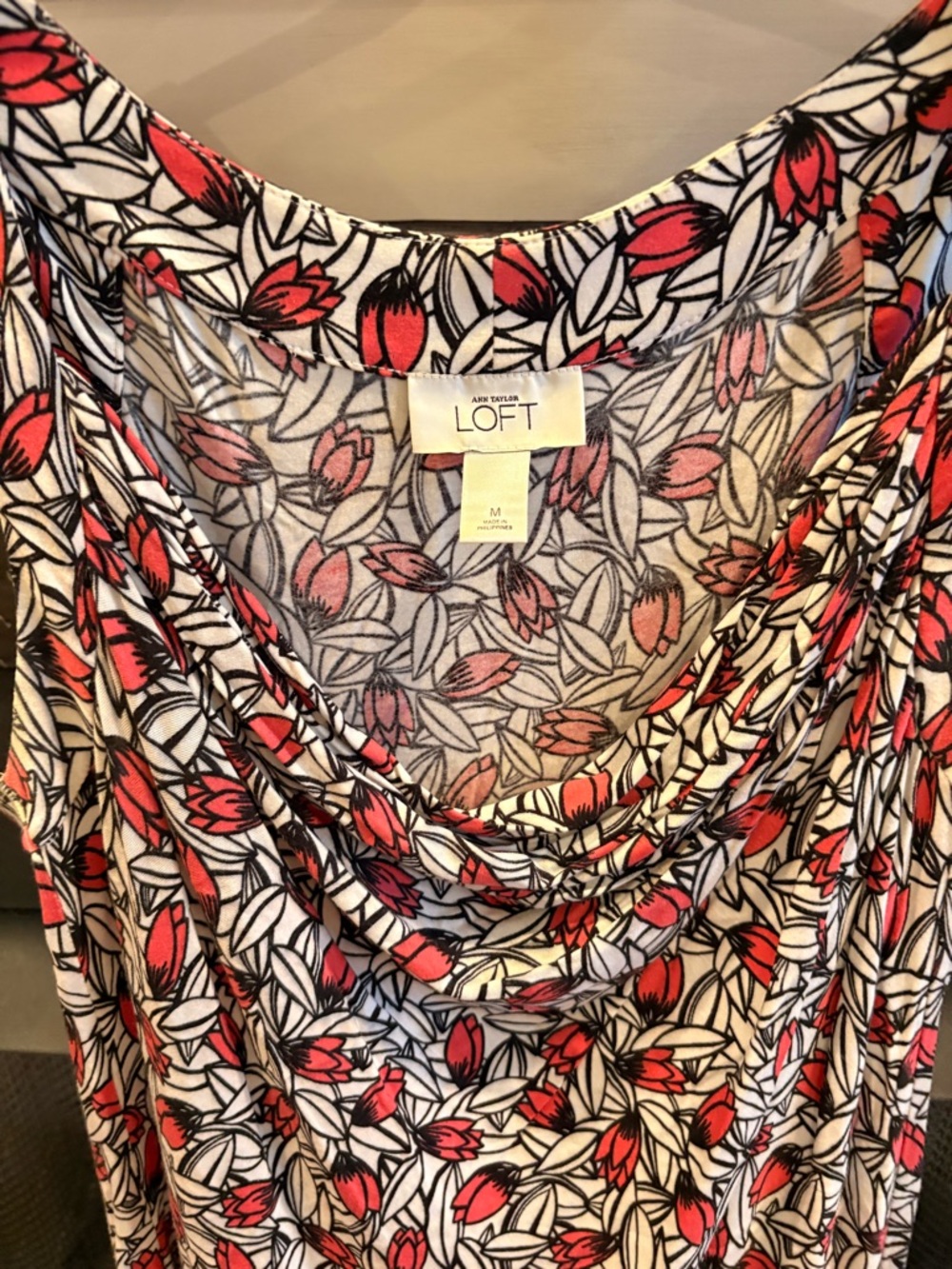 LOFT White Floral Blouse with Red and Black Accents